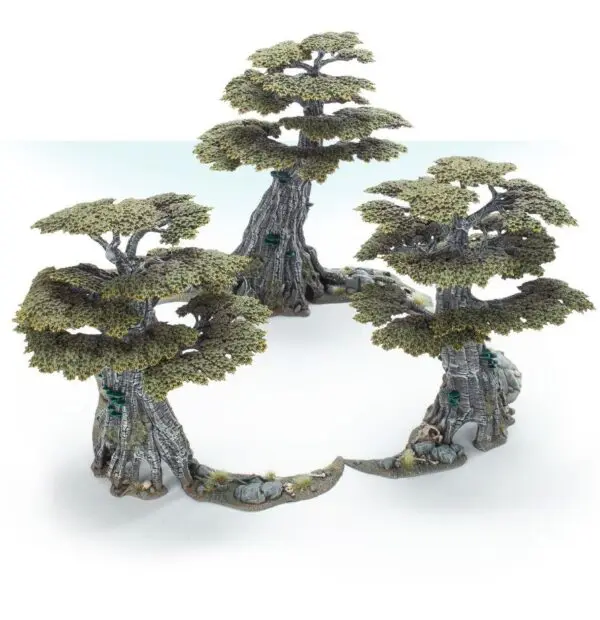 Three artistic bonsai trees with intricate roots and branches.
