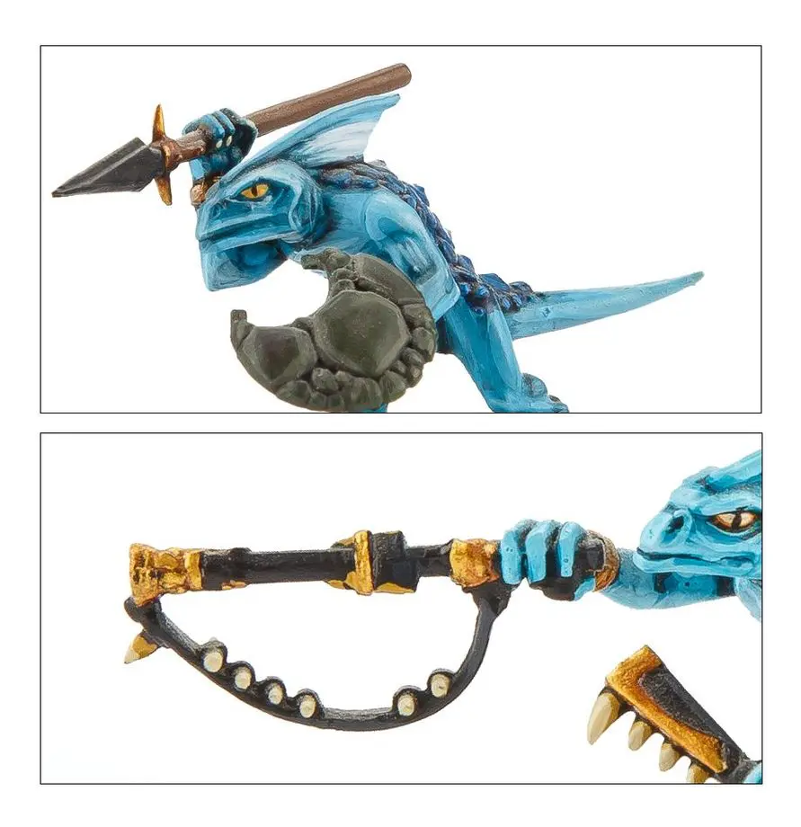 Blue dinosaur-like action figure with a spear and detailed weapon.