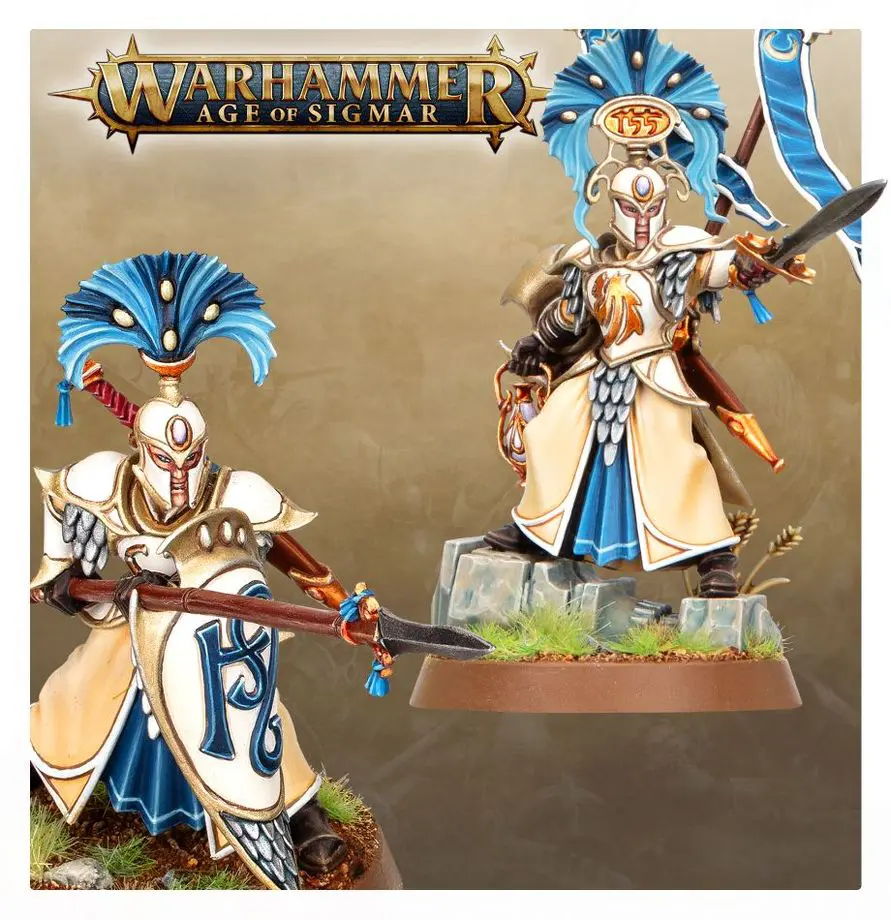 Two detailed Warhammer Age of Sigmar miniatures in blue and white armor.