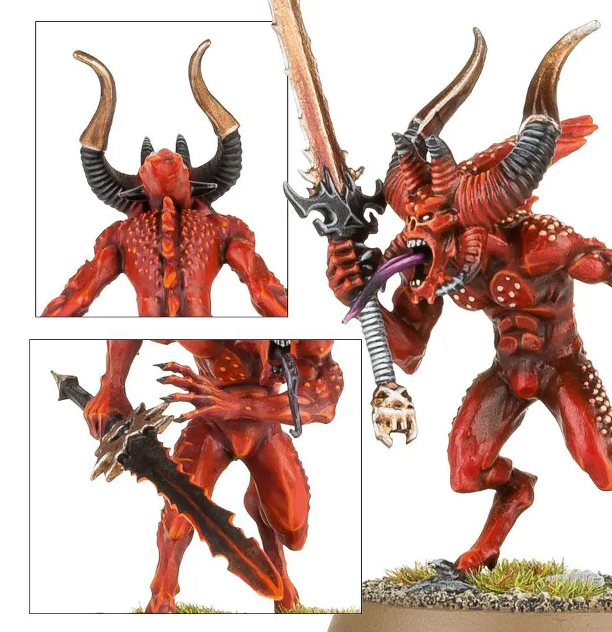 A detailed red demon figurine with large horns and a weapon.