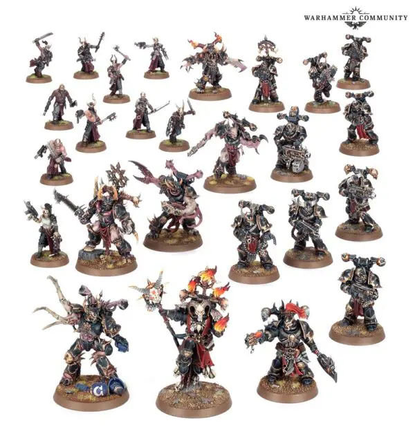 A collection of intricately painted Warhammer 40K miniatures in various poses.