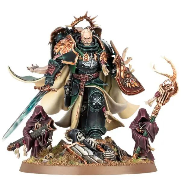 Warrior in ornate armor with two cloaked figures on a rocky base.