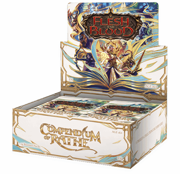 A detailed display box for Flesh and Blood card game packs.