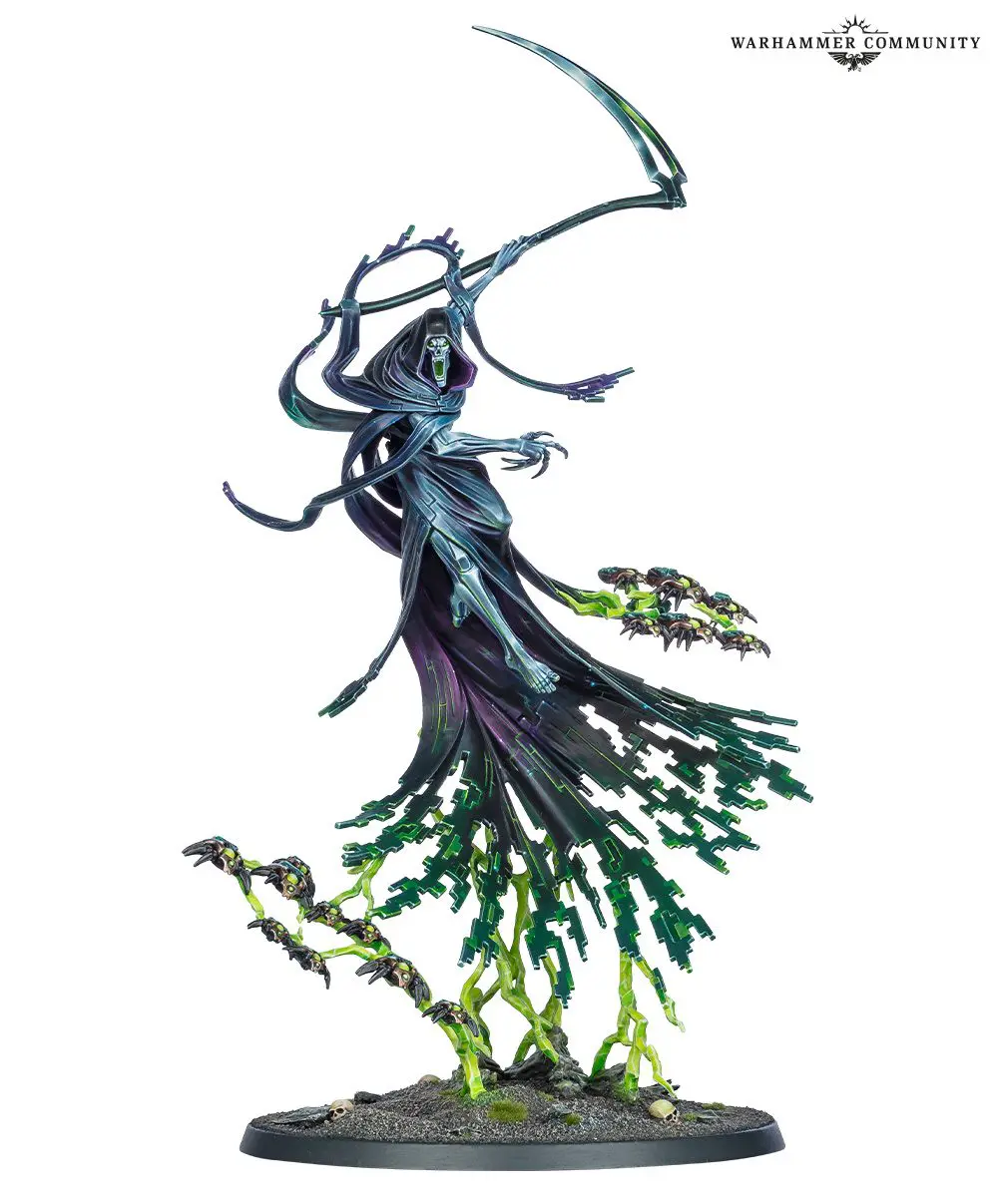 A ghostly, dark figure wielding a scythe with green, vine-like roots extending downward.