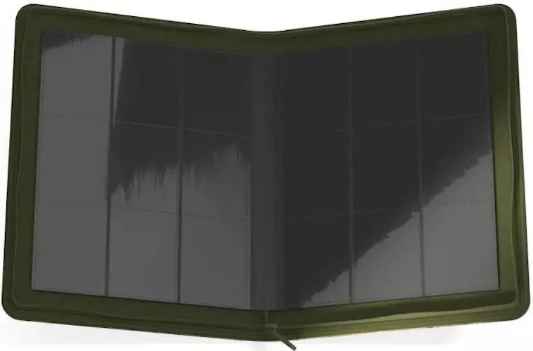 Open black photo album with multiple empty photo slots.