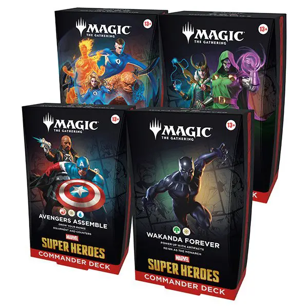 Four Magic: The Gathering card game decks with superhero themes.