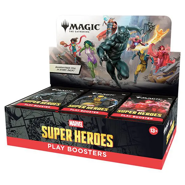 Display box of Magic: The Gathering Super Heroes play booster packs.