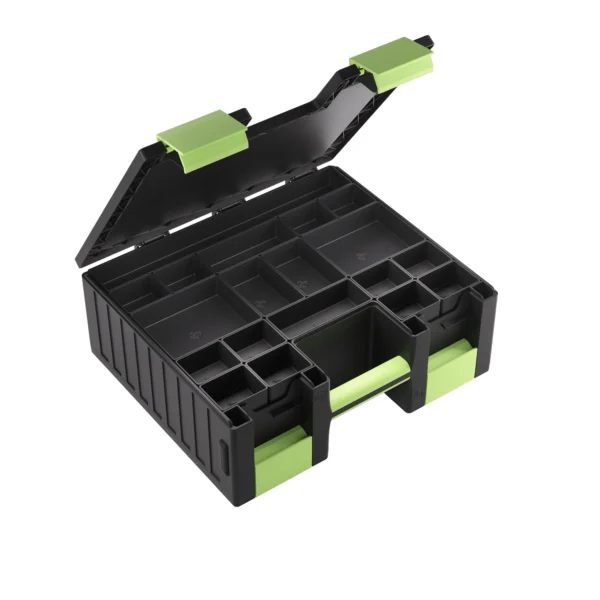 Black and green plastic storage box with multiple compartments and a handle.