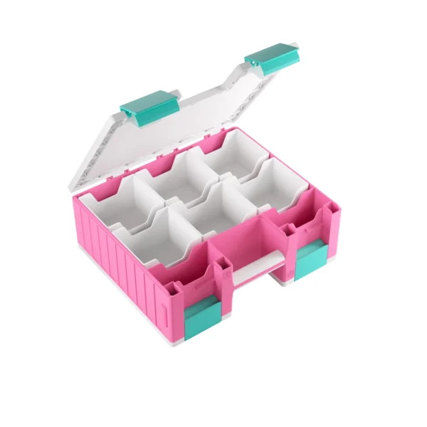 Pink and white pill organizer with six compartments and teal clasps.