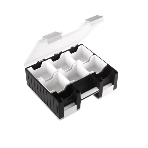 A black plastic organizer box with a transparent lid and compartments.