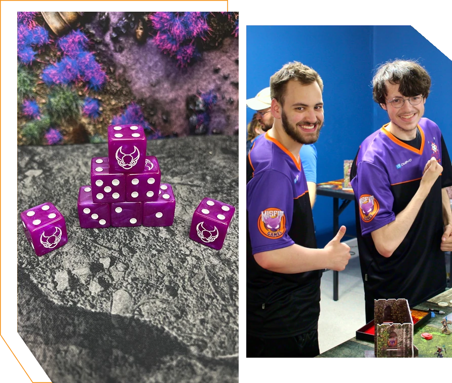 Purple dice with white symbols arranged on a gray surface with a coral reef background.