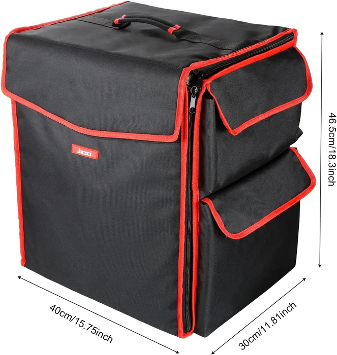 Black insulated delivery bag with red trim and multiple compartments.