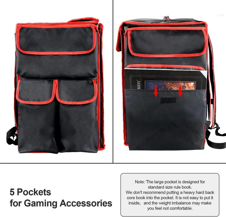 Black and red tool organizer with five pockets for carrying accessories.