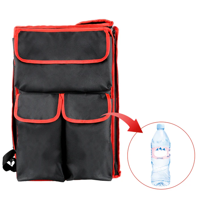 Black and red tool bag with multiple pockets and a water bottle for size comparison.