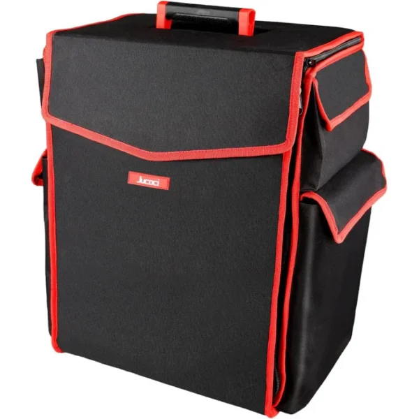 Black and red insulated cooler bag with multiple pockets.