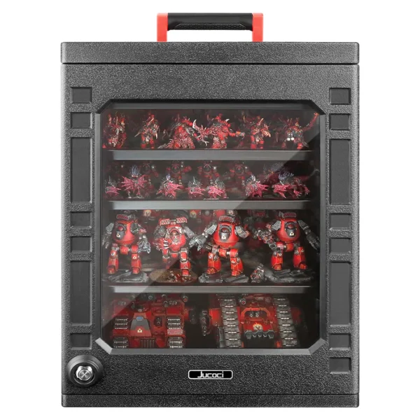 A black display case filled with red and black miniature figurines.