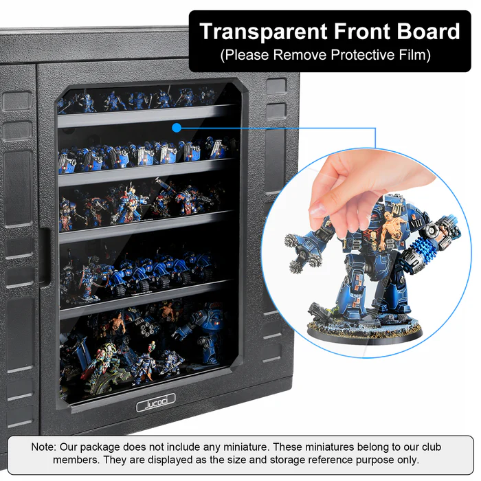 A transparent front board on a display case holding miniature figures.