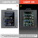 Comparison of a glowing display with lights off and on.