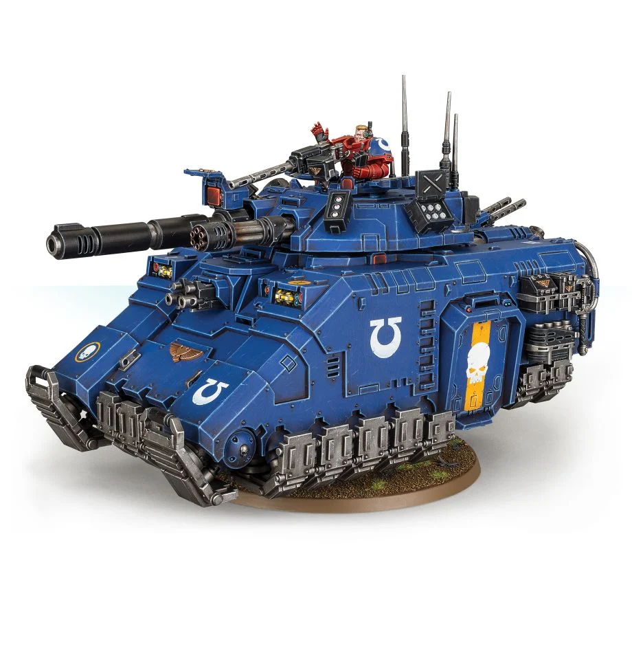 Blue armored futuristic tank model with detailed weaponry and tracks.