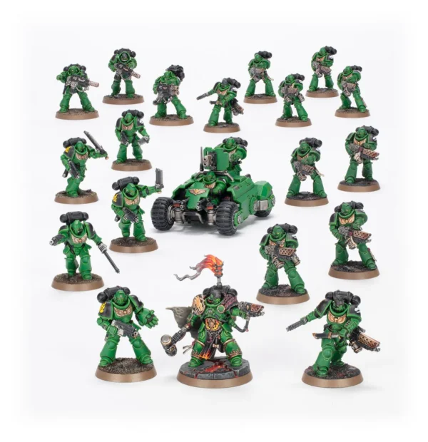 A set of painted green armored miniature figures and vehicles.