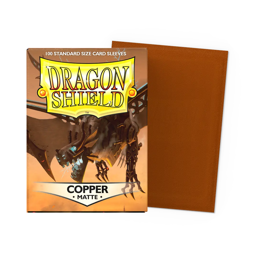 Box cover of the Dragon Shield Copper Matte card sleeves with dragon artwork.